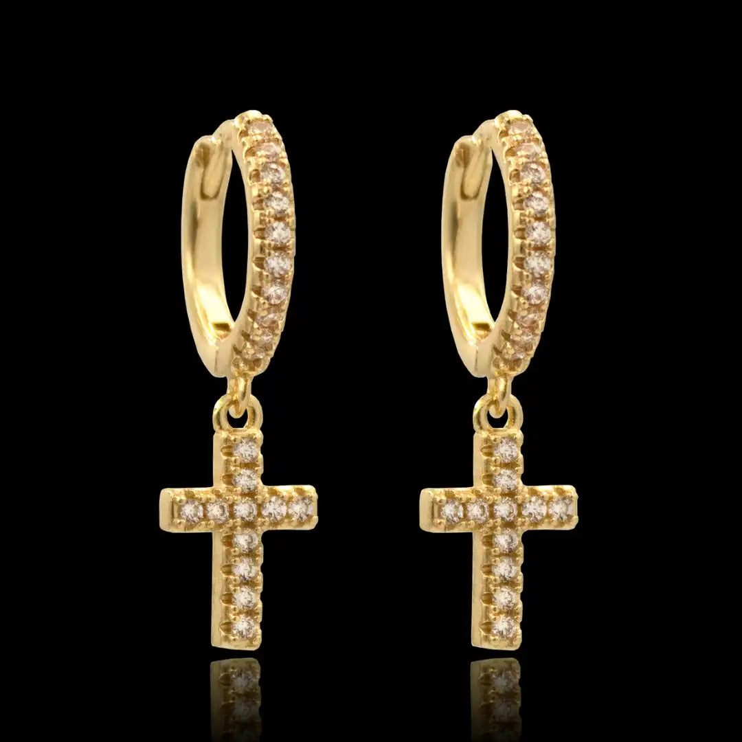 brinco masculino de cruz - argola cravejado com zirconia banhado a ouro 18k