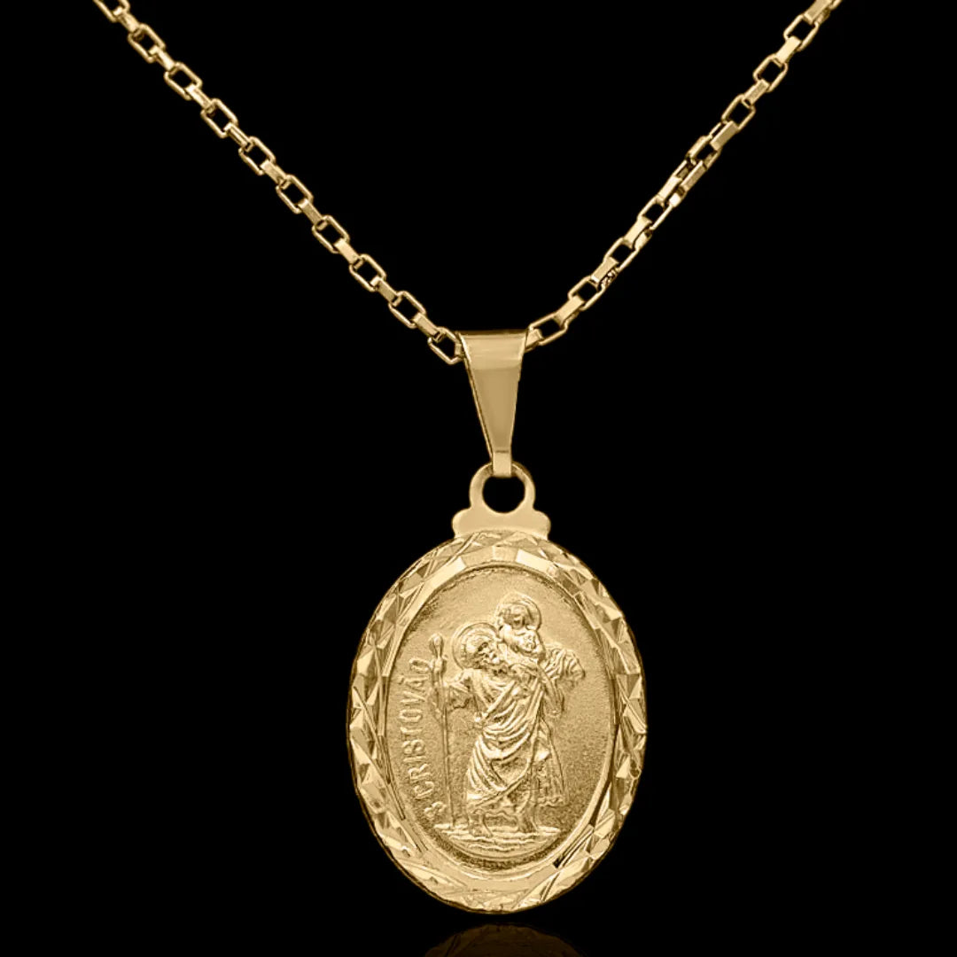 Corrente tijolinho 1mm com pingente São Cristovão Banhado a ouro 18k