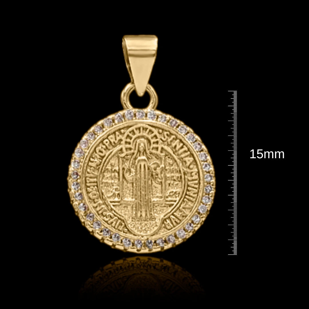 Corrente Cartie 3mm com Pingente São Bento Cravejado 15mm Banhado a Ouro 18k