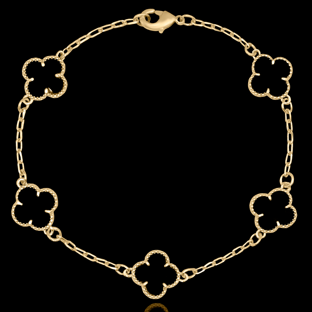 PULSEIRA 5 TREVOS BLACK BANHADO A OURO 18K