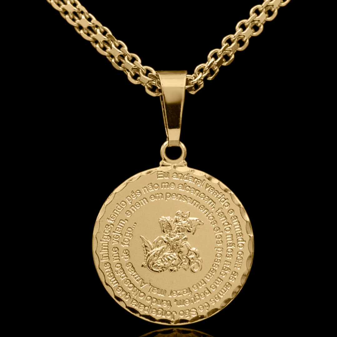 Corrente Cadeado Duplo 3.5mm com Pingente São Jorge 25mm Banhado a Ouro 18k