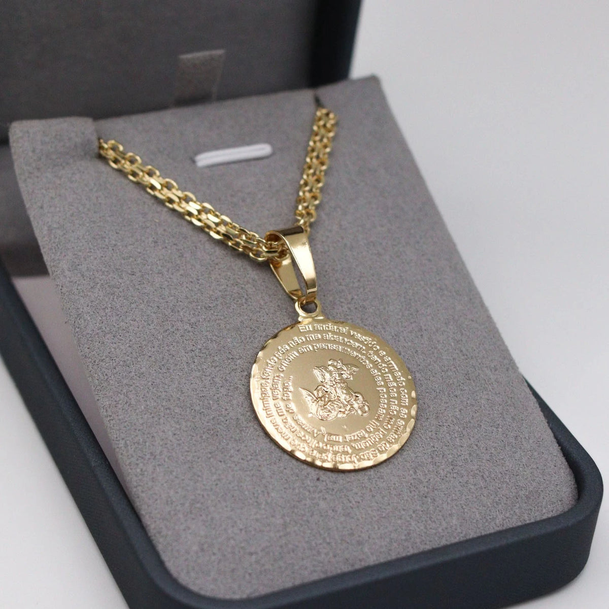 Corrente Cadeado Duplo 3.5mm com Pingente São Jorge 25mm Banhado a Ouro 18k