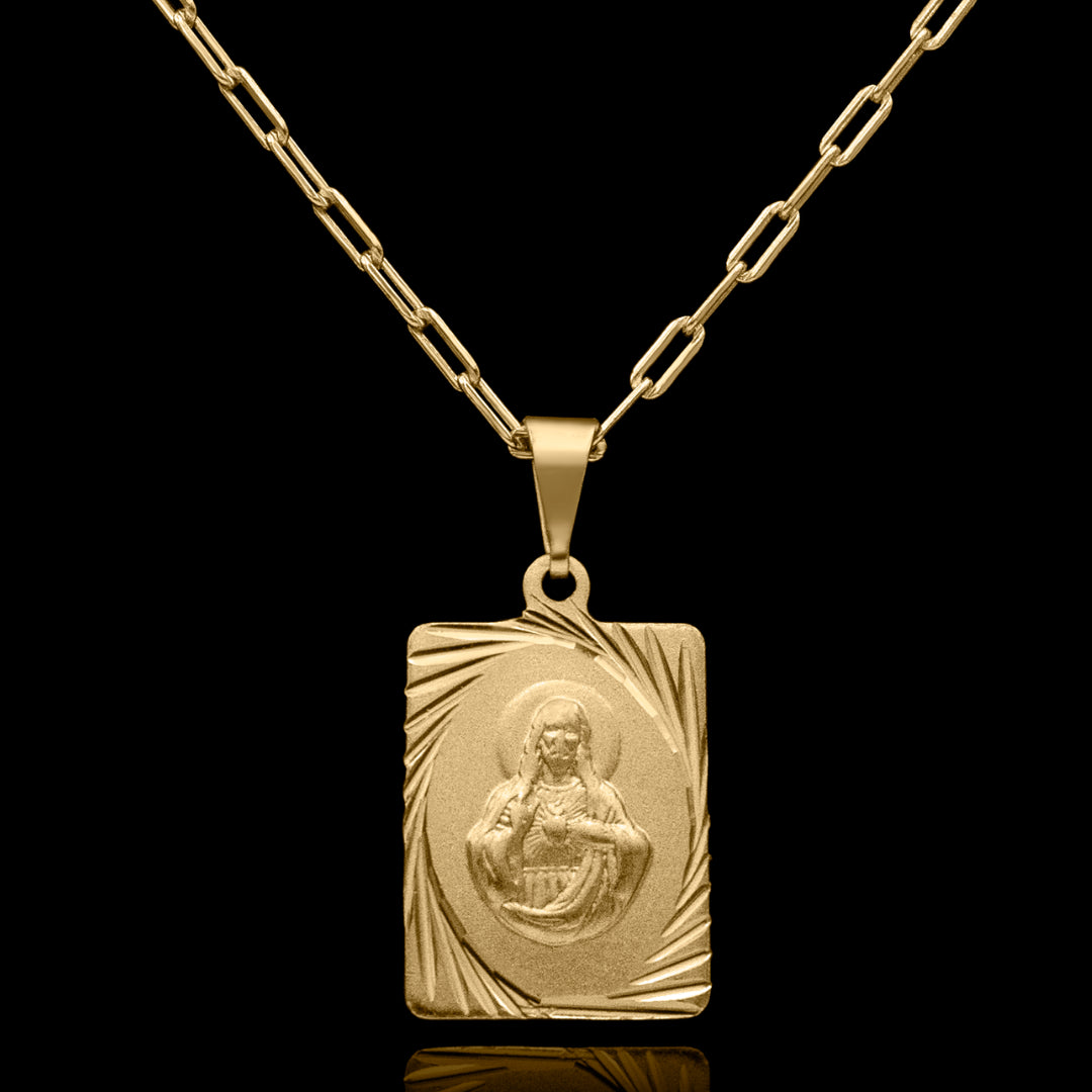Corrente Cartier Long 2mm com Pingente Placa Jesus Cristo Banhado a Ouro 18k