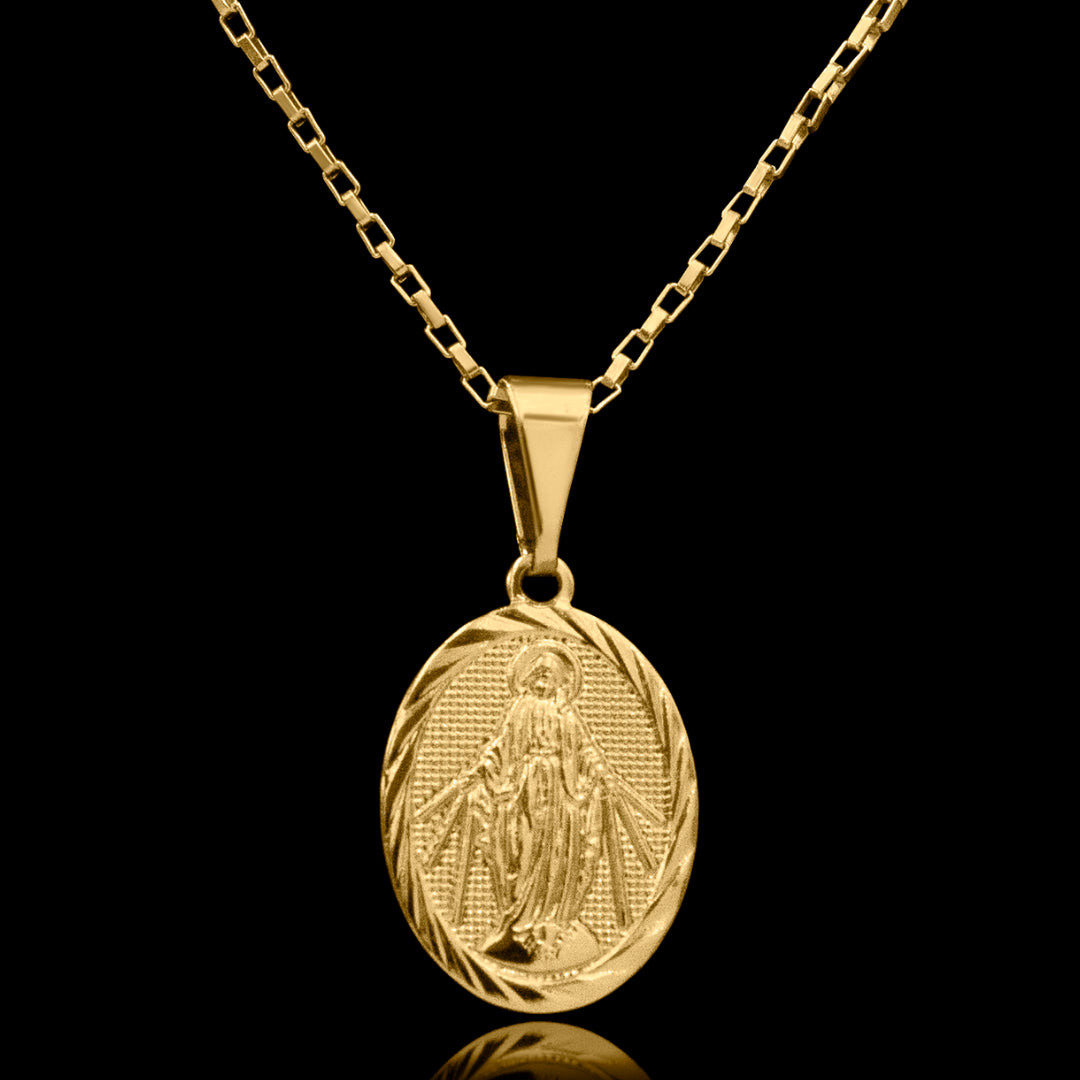 Corrente tijolinho 1mm com pingente Nossa Senhora das Graças Banhado a Ouro 18k