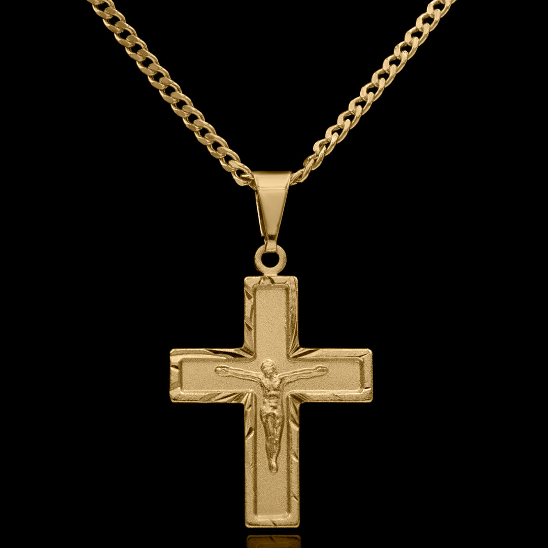 Corrente Grumet 2,5mm com Pingente Cruz com Jesus Detalhada Banhado a Ouro 18k