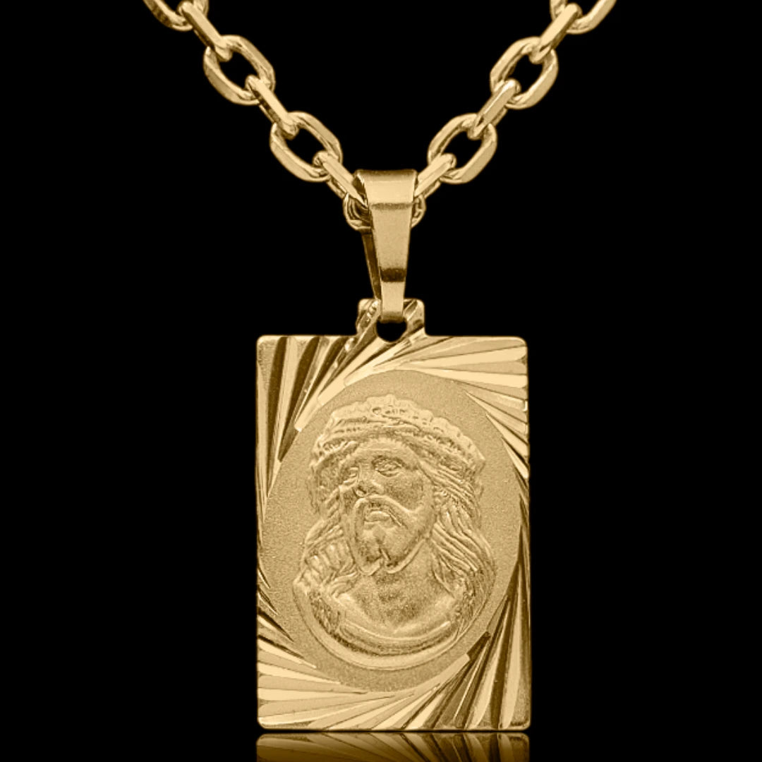 Corrente Cadeado 3.5mm com Pingente Jesus Cristo Retangular Banhado a Ouro 18k