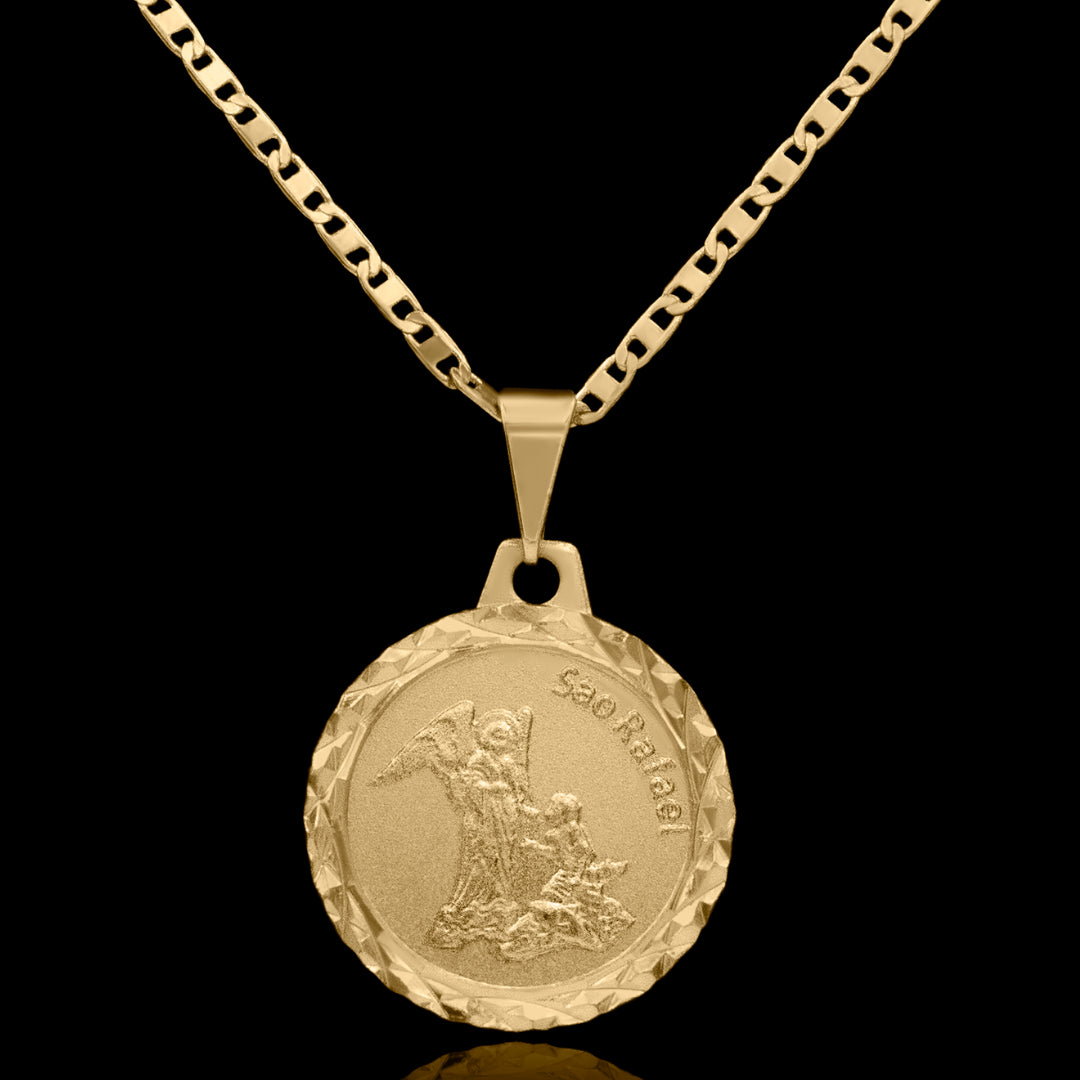 Corrente Piastrine 2mm com Pingente Medalha São Rafael Arcanjo 20mm Banhado a Ouro 18k
